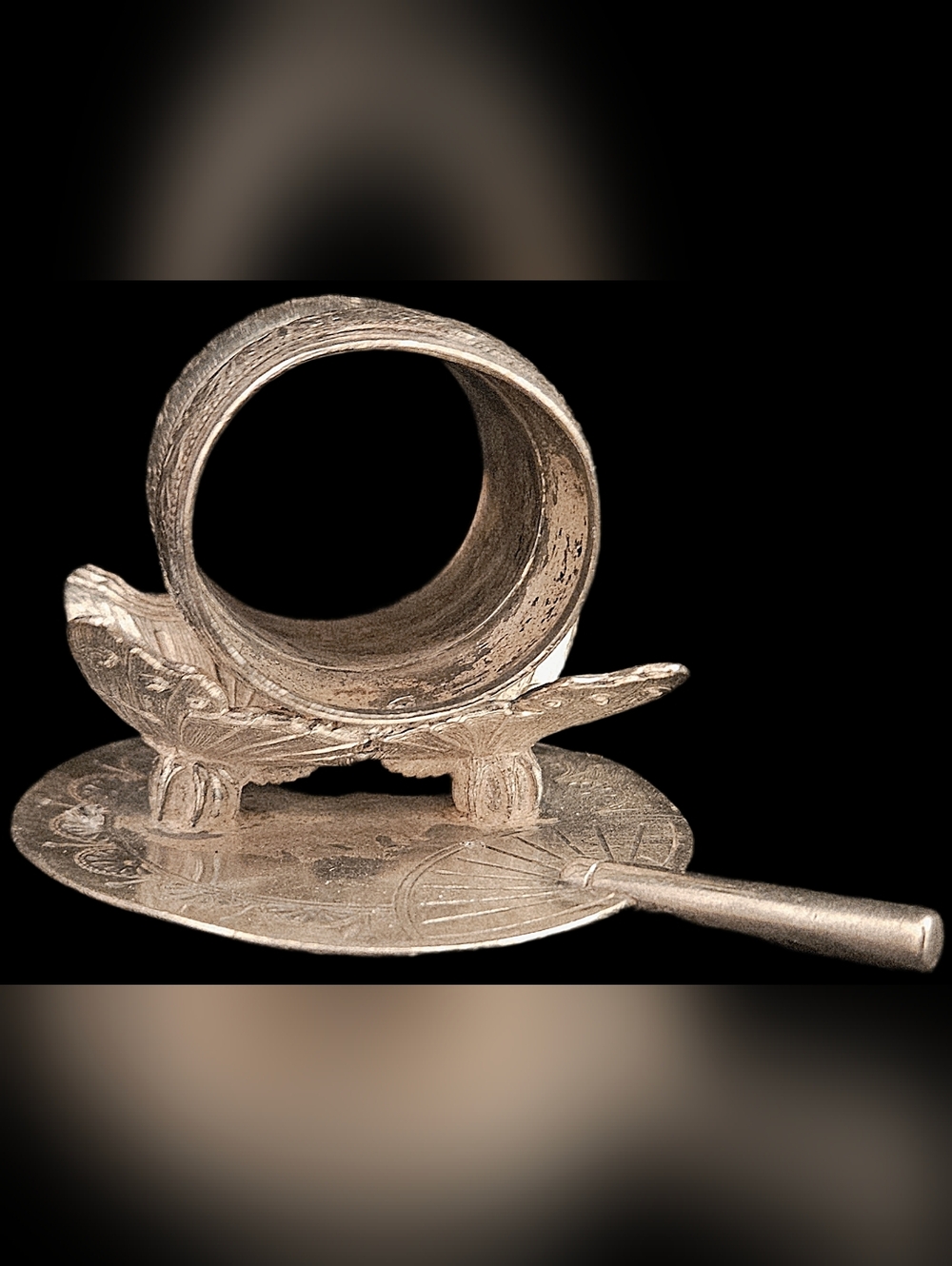 Antique Silverplate Figural Napkin Ring Double Two Butterfly Asian Fan Victorian